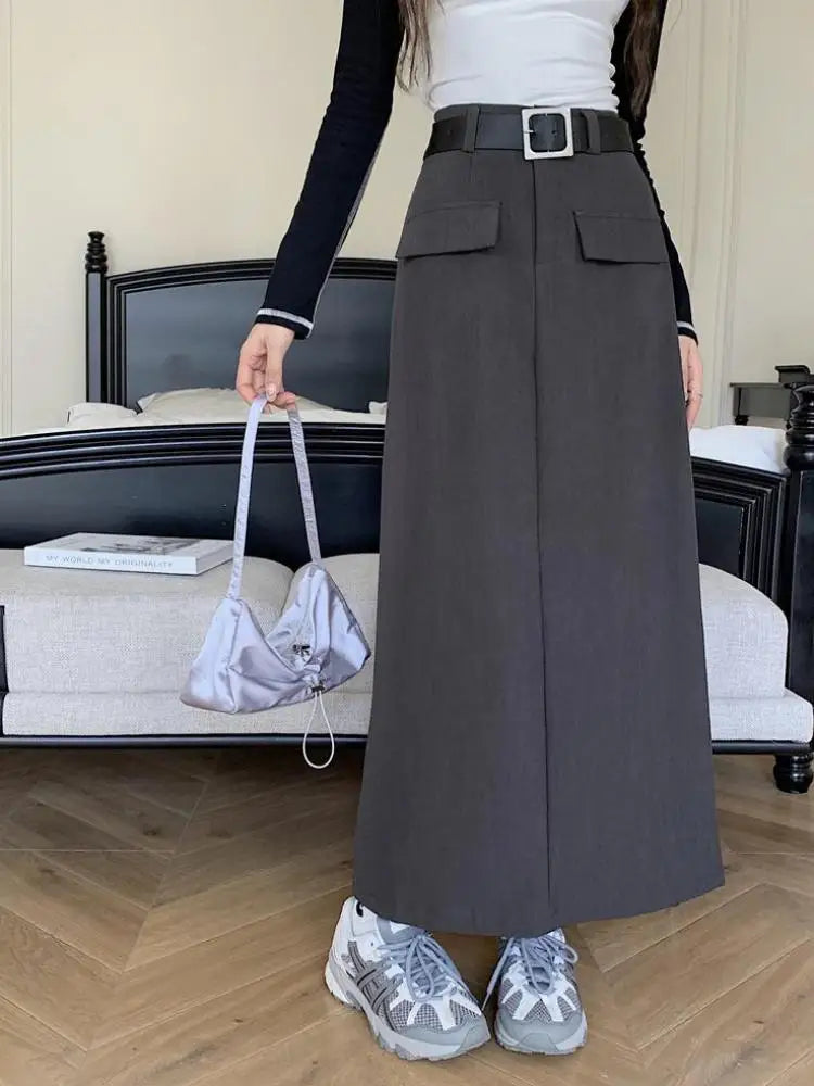 Fashion Black Belt Suit Long Skirt Women Y2k Spring Autumn Brown High Waist Skirts Female 2023 New Grey Casual Skirt Streetwear
