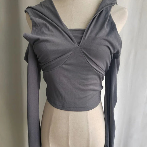 Load image into Gallery viewer, 2025 Summer Fashion Tee Shirts Femme Solid Slim Y2k Aesthetic Streetwear Tshirts Off Shoulder Hooded Long Sleeve Women T-shirts
