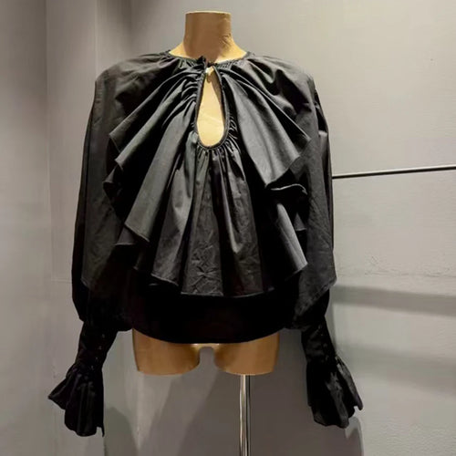 Load image into Gallery viewer, Solid Spliced Fungus Folds Elegant Blouses for Women V Neck Long Sleeves Temperament Blouse Female Fashion Clothing
