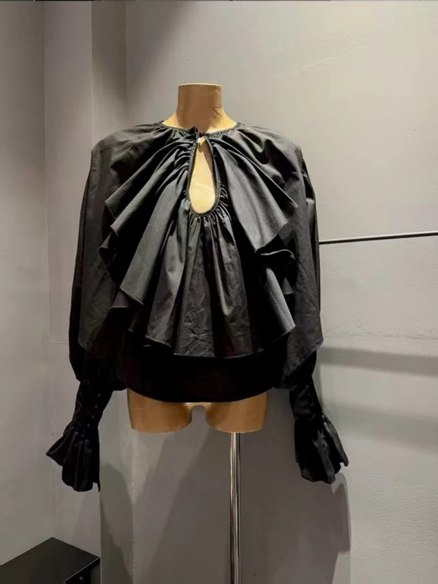 Solid Spliced Fungus Folds Elegant Blouses for Women V Neck Long Sleeves Temperament Blouse Female Fashion Clothing