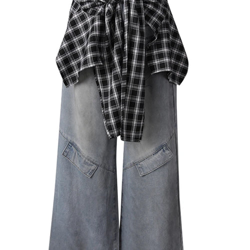 Load image into Gallery viewer, High Waist Blue Denim Plaid Bandage Casual Wide Leg Jeans New Women Trousers Fashion Tide Spring Autumn 2025 CPG3008
