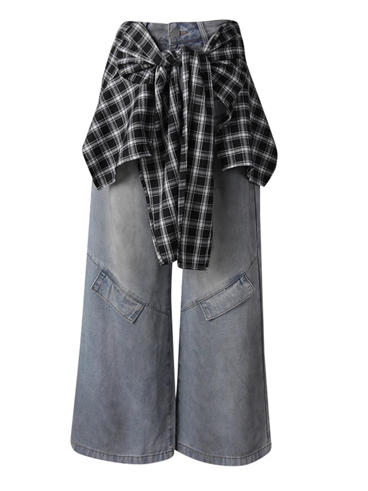 High Waist Blue Denim Plaid Bandage Casual Wide Leg Jeans New Women Trousers Fashion Tide Spring Autumn 2025 CPG3008
