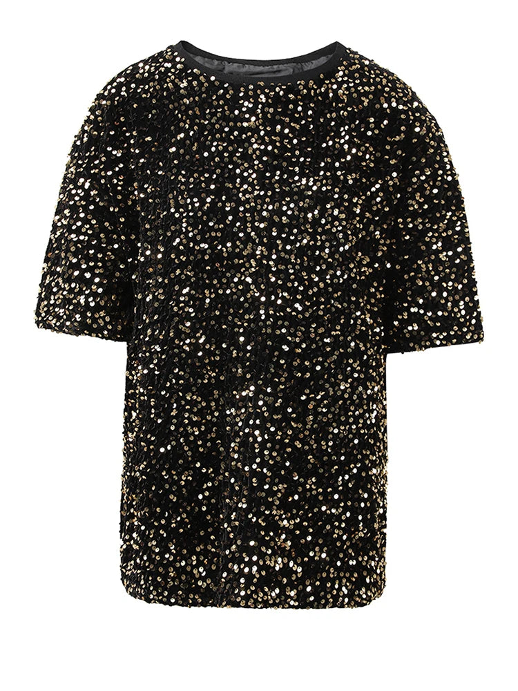 Women Gray Sequins Shining Big Size Casual T-shirt New Round Neck Short Sleeve Fashion Tide Spring Summer 2025 CPG1449