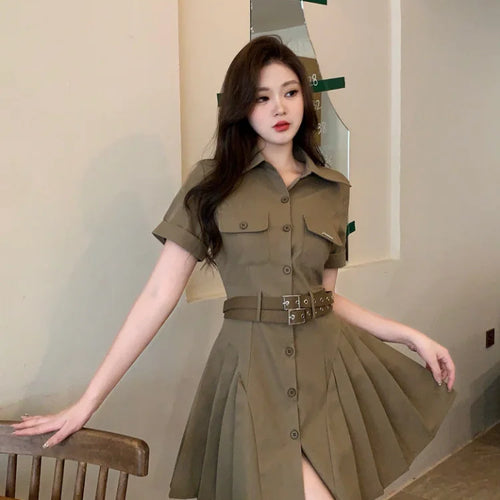 Load image into Gallery viewer, Cargo Shirt Dress Pleated Vintage Retro Streetwear Belt Mini Short Dresses Summer Sundress Outfits Female
