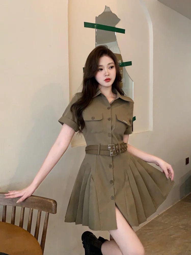 Cargo Shirt Dress Pleated Vintage Retro Streetwear Belt Mini Short Dresses Summer Sundress Outfits Female