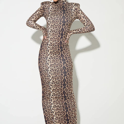 Load image into Gallery viewer, Leopard Print Long Sleeve Sexy Maxi Dress For Women Autumn Winter Fashion Elegant Turtleneck Printed Bodycon Long Dress
