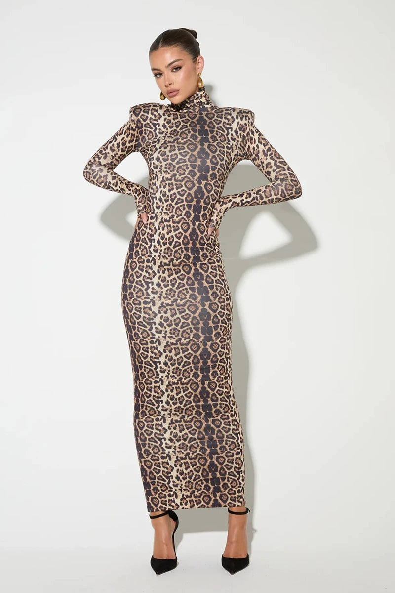 Leopard Print Long Sleeve Sexy Maxi Dress For Women Autumn Winter Fashion Elegant Turtleneck Printed Bodycon Long Dress