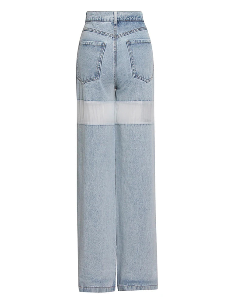 Denim Wide Leg Pants For Women High Waist Patchwork Pocket Casual Loose Jeans Female Fashion Style Clothing