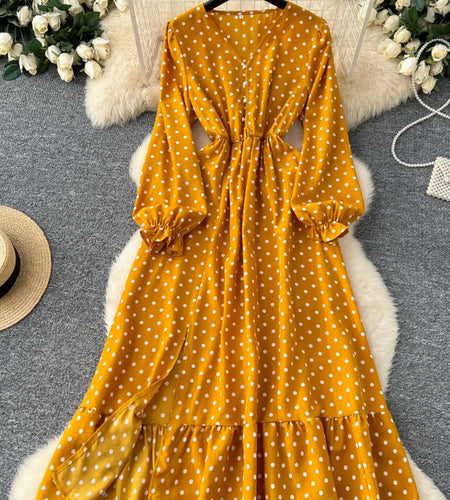 Vintage Elegant Women Yellow Dot Vacation Pleated Dress 2025 Autumn Fashion V-neck High Waist A-line Long Sleeve Party Dress New