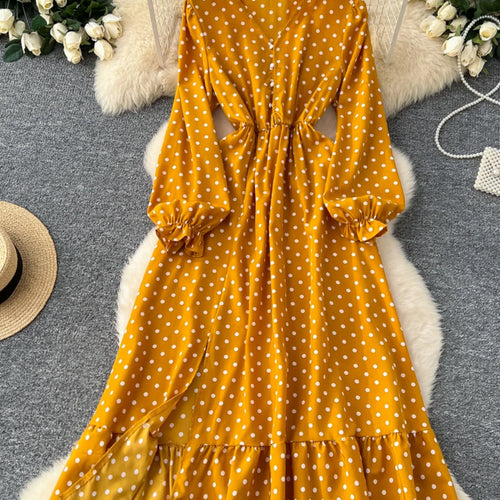 Load image into Gallery viewer, Vintage Elegant Women Yellow Dot Vacation Pleated Dress 2025 Autumn Fashion V-neck High Waist A-line Long Sleeve Party Dress New

