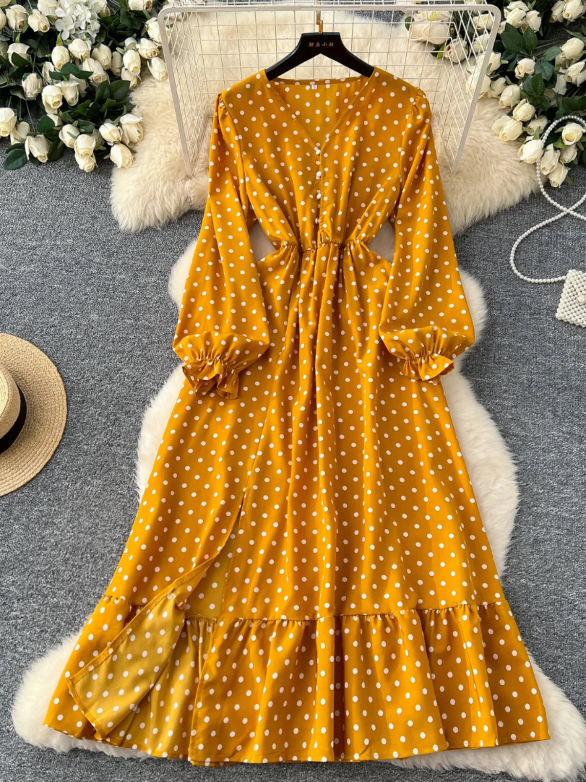 Vintage Elegant Women Yellow Dot Vacation Pleated Dress 2025 Autumn Fashion V-neck High Waist A-line Long Sleeve Party Dress New