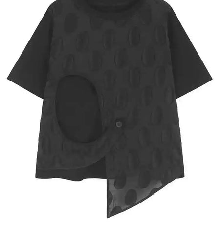 Women Black Dot Irregular Hem Big Size Casual T-shirt New Round Neck Short Sleeve Fashion Tide Spring Summer 2025 1DH9968