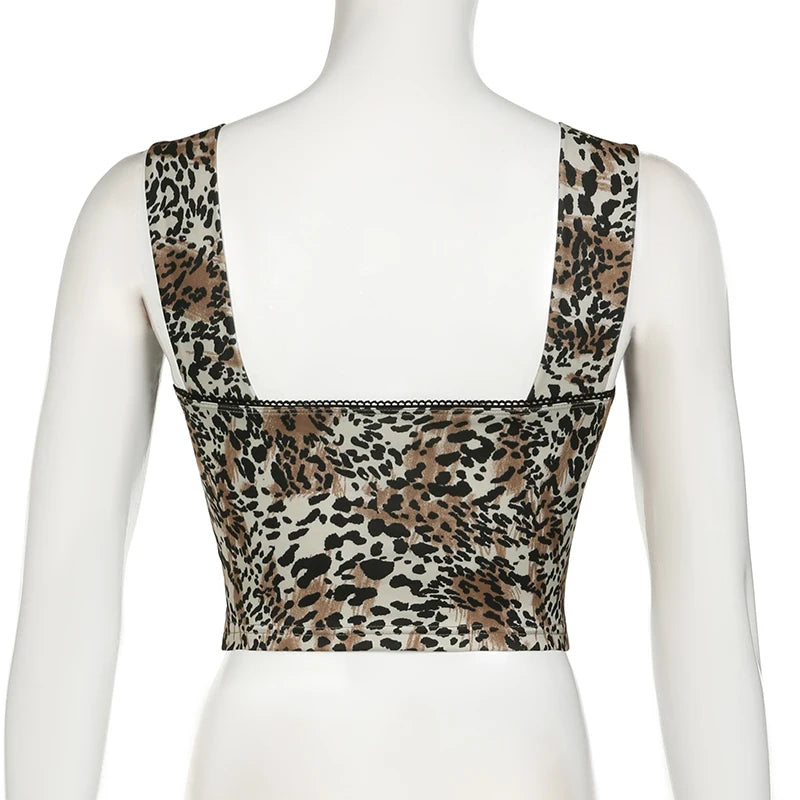 Vintage Fashion Leopard Tank Top Fitness Y2K Aesthetic 2000s Bow Lace Trim Party Vest Sleeveless Summer Tee Top Short