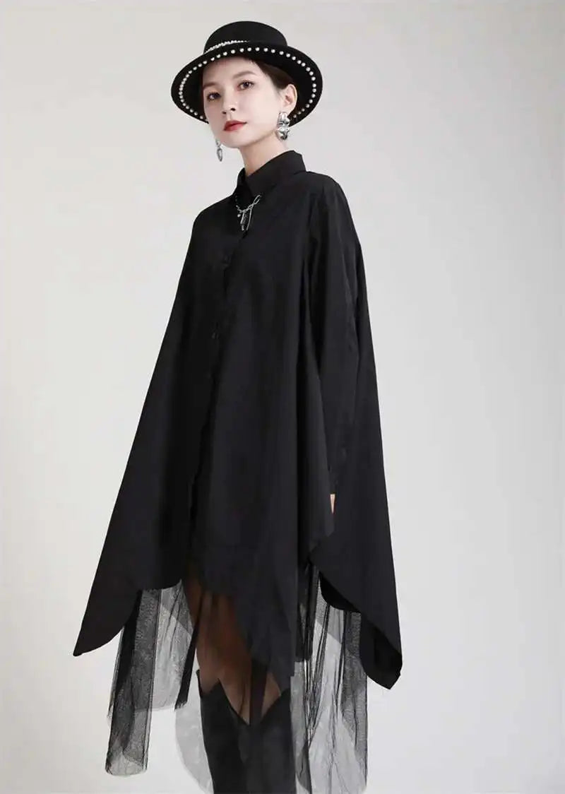 Women Black Irregular Hem Big Size Shirt Dress New Lapel Long Sleeve Loose Fit Fashion Tide Spring Autumn 2025 1DE2485