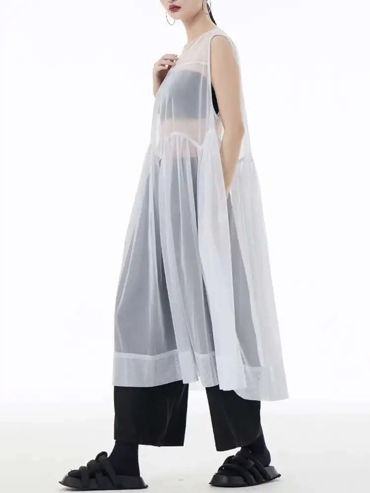 Women Black Big Hem Mesh Big Size Elegant Perspective Dress New Round Neck Sleeveless Fashion Spring Summer 2025 1DH6298