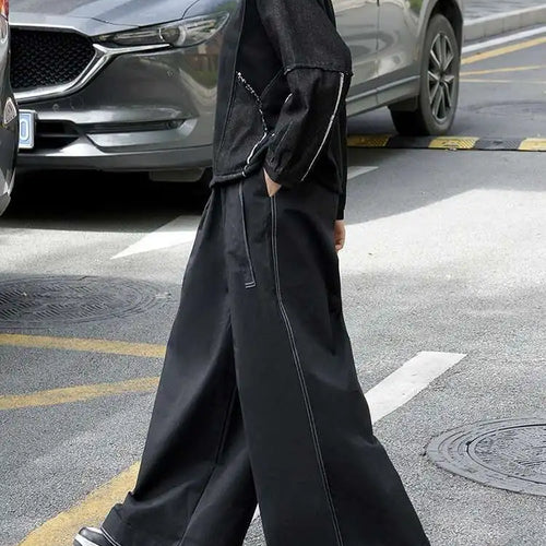 Load image into Gallery viewer, High Elastic Waist Black Topstitched Pocket Wide Leg Pants New Trousers Women Fashion Tide Spring Autumn 2025 1DJ0612
