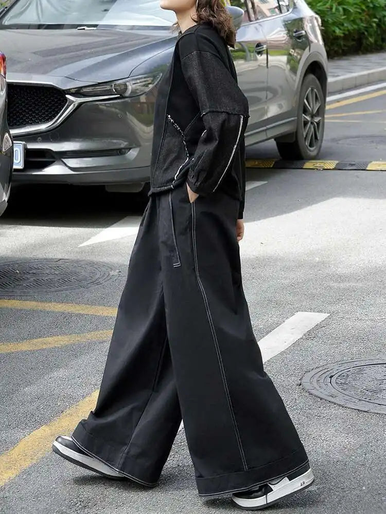High Elastic Waist Black Topstitched Pocket Wide Leg Pants New Trousers Women Fashion Tide Spring Autumn 2025 1DJ0612