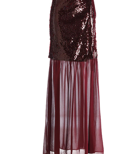 High Waist Wine Red Sequins False Mesh Long Elegant Half-body Skirt Women Fashion Tide New Spring Autumn 2025 1DH9402
