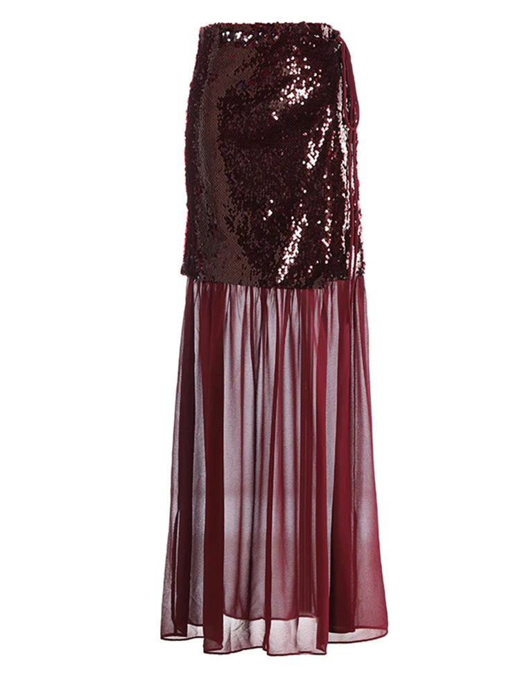 High Waist Wine Red Sequins False Mesh Long Elegant Half-body Skirt Women Fashion Tide New Spring Autumn 2025 1DH9402