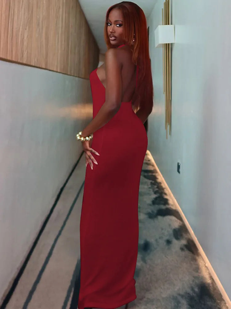 Halter Hollow Out Sexy Maxi Dress For Women Gown Fashion Off-shoulder Sleeveless Backless Bodycon Beach Club Dress