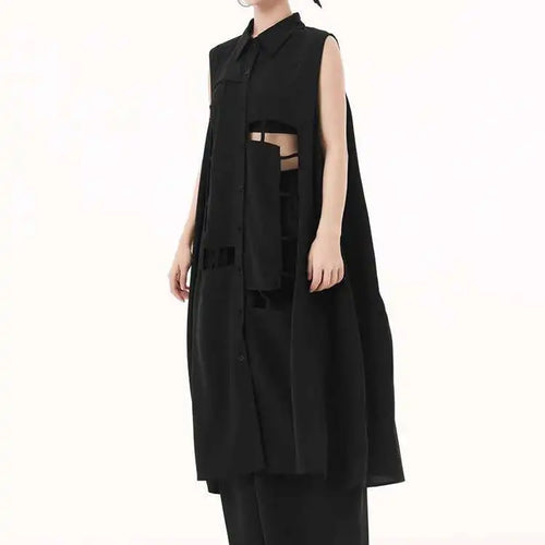 Load image into Gallery viewer, Women Army Green Hollow Out Big Size Midi Casual Dress New Lapel Sleeveless Fashion Tide Spring Summer 2025 1DH9512
