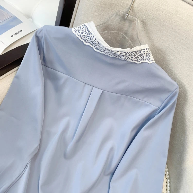Spring Blue Patchwork Lace Shirt Women Elegant Doll Collar Long Sleeved Blouses Korean Preppy Style Button Cute Tops Retro Trend