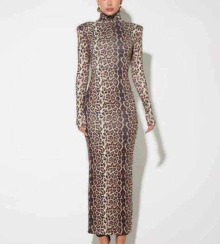 Leopard Print Long Sleeve Sexy Maxi Dress For Women Autumn Winter Fashion Elegant Turtleneck Printed Bodycon Long Dress