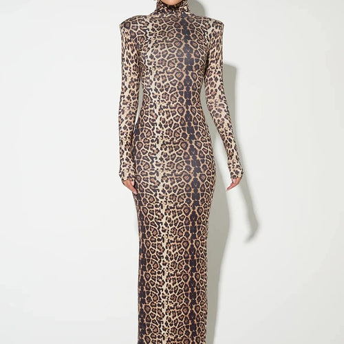 Load image into Gallery viewer, Leopard Print Long Sleeve Sexy Maxi Dress For Women Autumn Winter Fashion Elegant Turtleneck Printed Bodycon Long Dress
