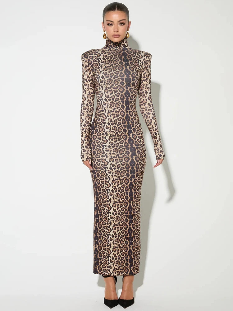 Leopard Print Long Sleeve Sexy Maxi Dress For Women Autumn Winter Fashion Elegant Turtleneck Printed Bodycon Long Dress