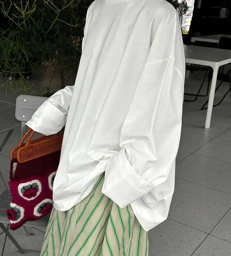 Women White Green Brief Thick Big Size Casual T-shirt New Round Neck Long Sleeve Fashion Tide Spring Autumn 2025 1DH9923