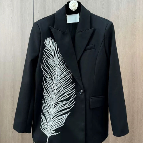 Load image into Gallery viewer, Hit Color Patchwork Feather Chic Blazer For Women Notched Long Sleeve Spliced Pockets Elegant Coats Female Fashion
