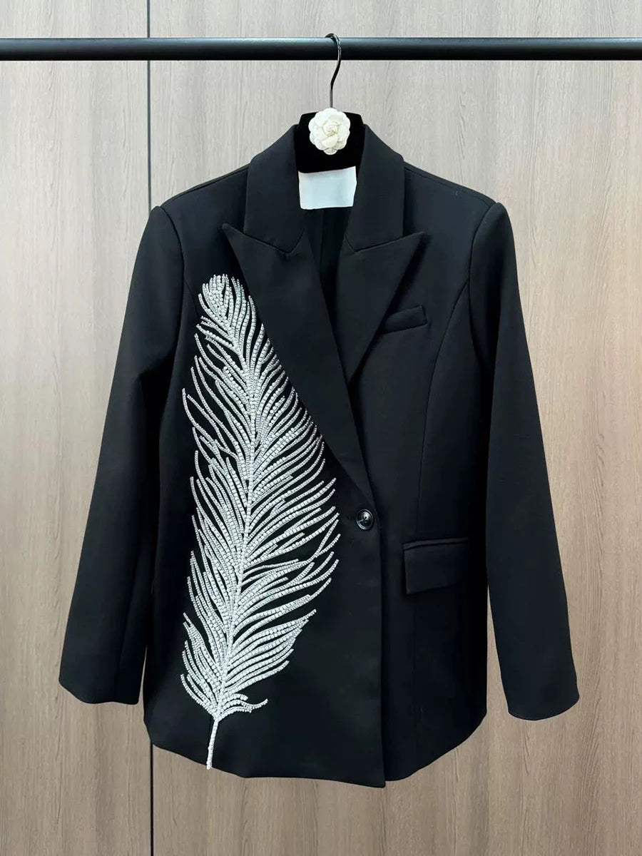 Hit Color Patchwork Feather Chic Blazer For Women Notched Long Sleeve Spliced Pockets Elegant Coats Female Fashion