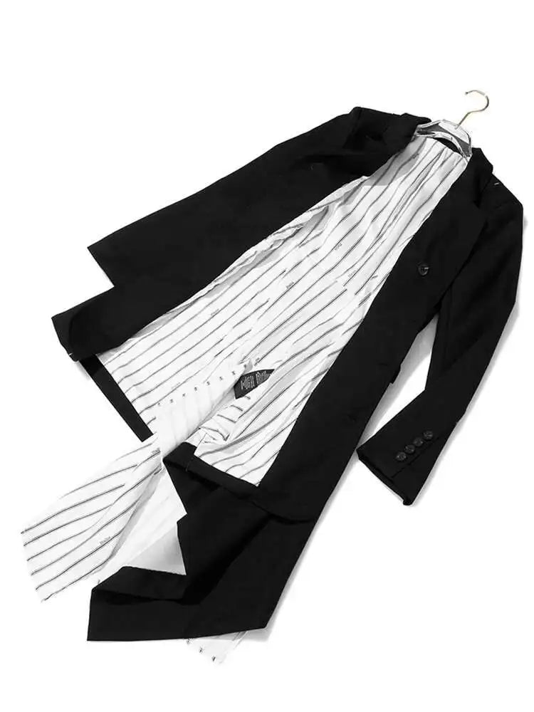 Women Black White Striped Spliced Irregular Dress New Round Neck Full Sleeve Loose Fit Fashion Spring Autumn 2025 1A320