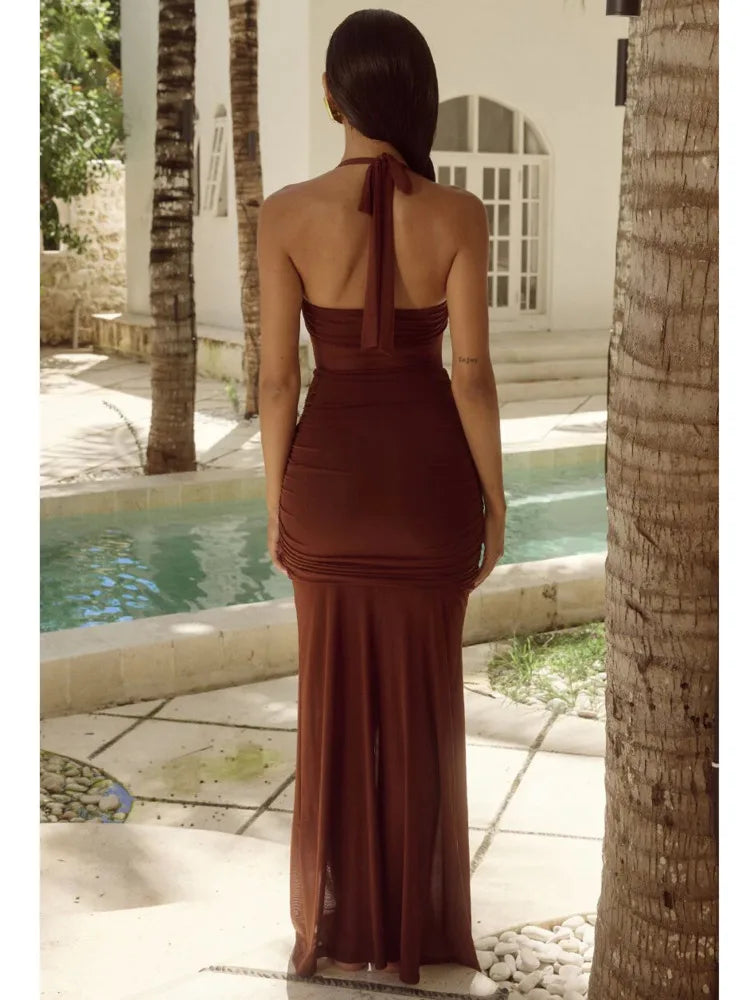 Elegant Mesh Perspective Double Layer Long Dress Women Sexy Backless Bodycon Split Evening Dress Party Holiday Vestido