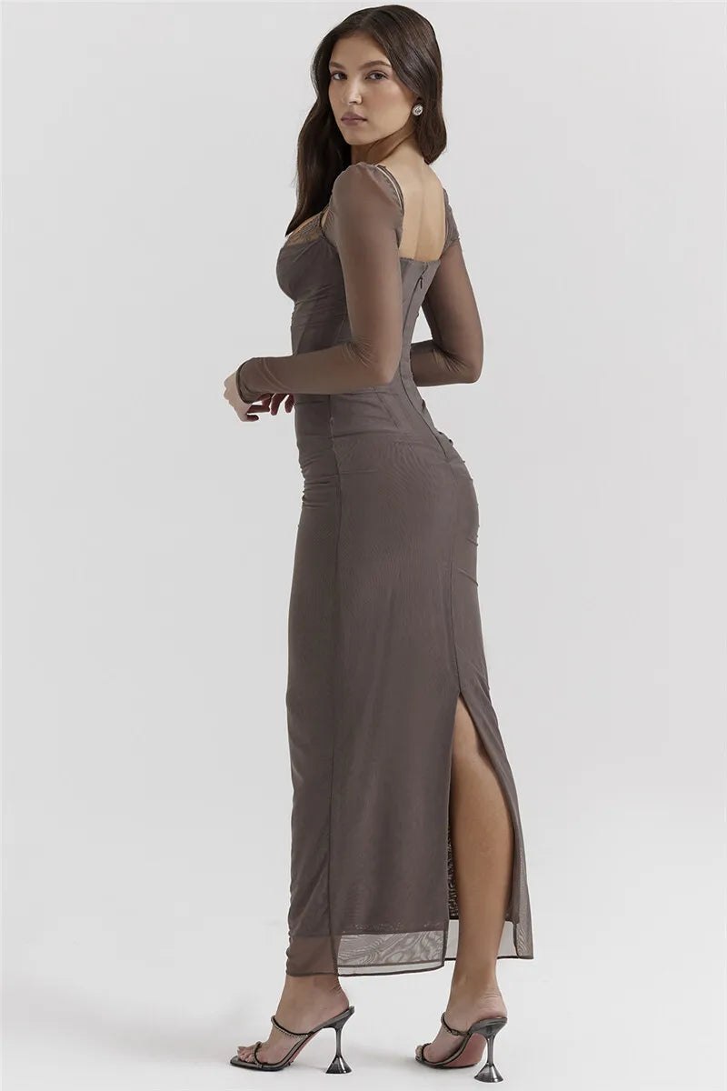 Elegant Sheer Long Sleeve Sexy Maxi Dress For Women Fashion Mesh Strapless Backless Club Party Sexy Long Dress New