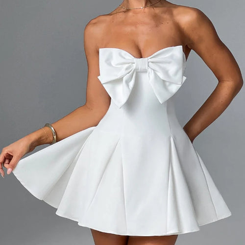 Load image into Gallery viewer, Bow Strapless Backless Sexy Mini Dress For Women Robe Fashion Solid Off-shoulder Sleeveless A-line Club Dress Vestido
