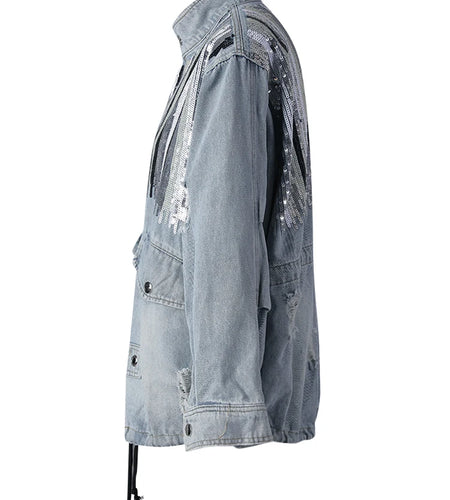 Blue Denim Sequins Drawstring Big Size Jacket New Stand Collar Long Sleeve Women Coat Fashion Spring Autumn 2025 29L8081