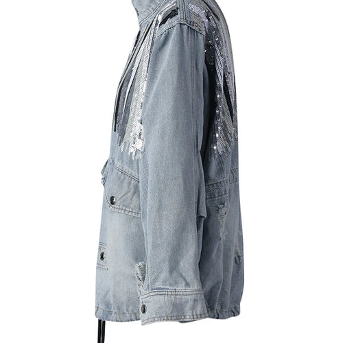 Load image into Gallery viewer, Blue Denim Sequins Drawstring Big Size Jacket New Stand Collar Long Sleeve Women Coat Fashion Spring Autumn 2025 29L8081
