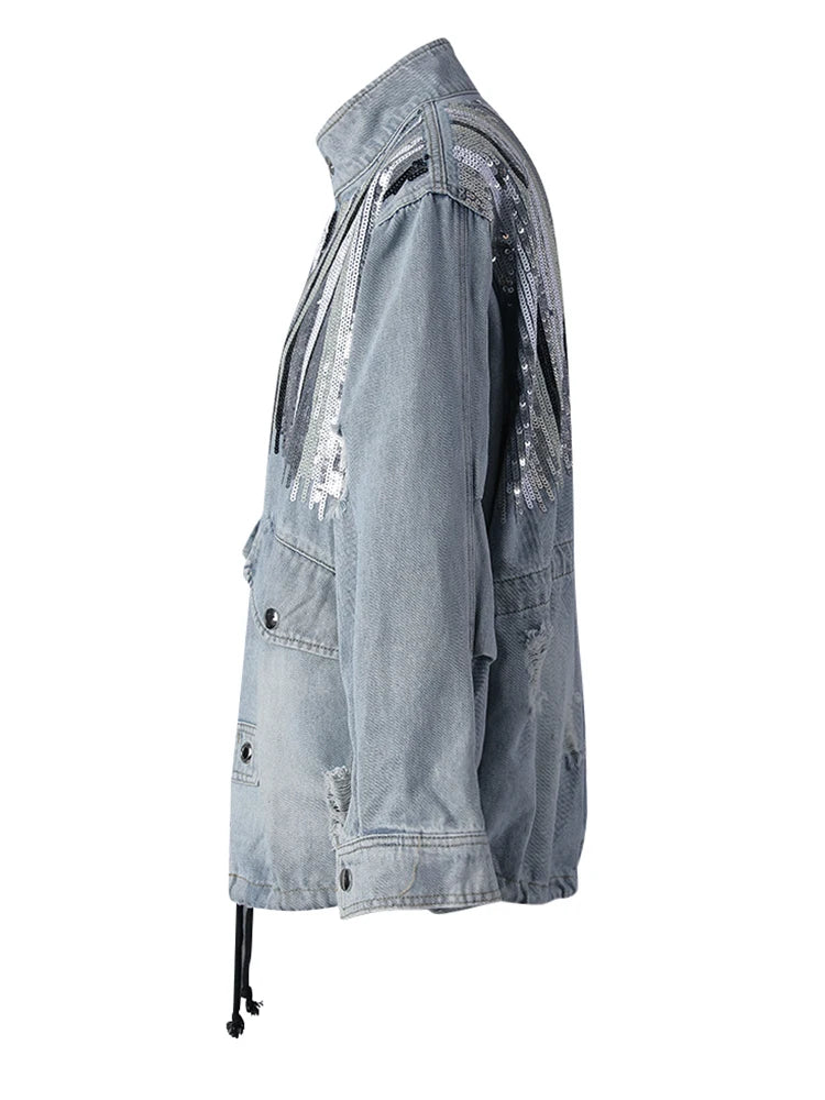 Blue Denim Sequins Drawstring Big Size Jacket New Stand Collar Long Sleeve Women Coat Fashion Spring Autumn 2025 29L8081