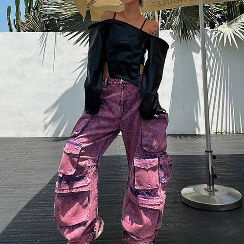 Load image into Gallery viewer, Gradient Patchwork Pocket Denim Cargo Pants For Women High Waist Spliced Button Streetwear Full Length Trousers Female
