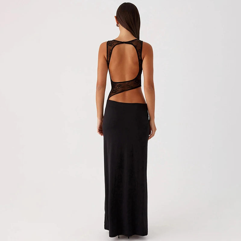 Hollow Out Sleeveless Sexy Maxi Dress For Women Black O Neck See Through Lace Backless Bodycon Club Long Dress Fashion