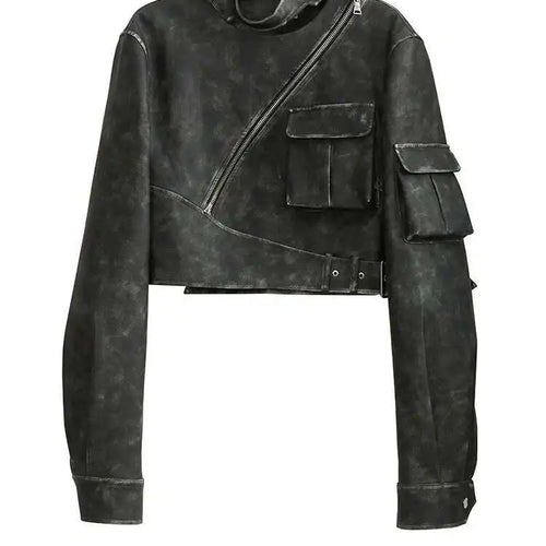 Load image into Gallery viewer, PU Leather Green Pocket Vintage Short Jacket New Stand Collar Long Sleeve Women Coat Fashion Spring Autumn 2025 1DH7220
