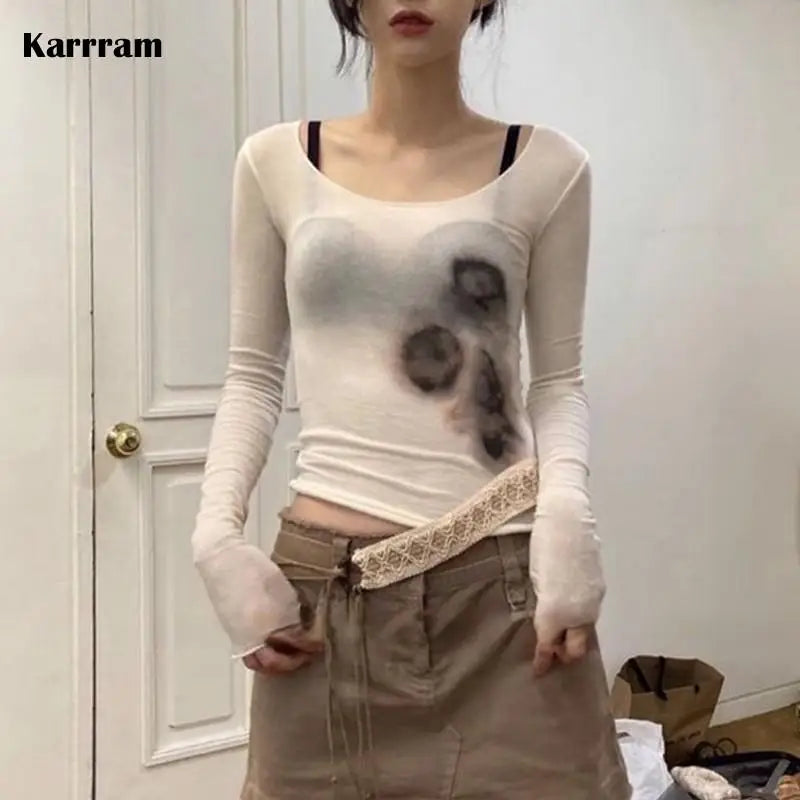 Japanese Y2k Mesh Top Trashy 2000s See Through Crop Top Vintage Harajuku Tattoo Print Sheer Top Grunge Aesthetics Korean