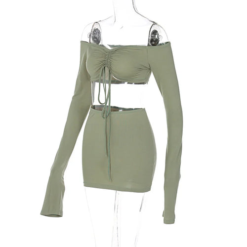 Load image into Gallery viewer, Sexy Two Piece Set Women Outfit Green Strapless Full Sleeve Crop Top And Mini Skirt Matching Sets Female Dress Set
