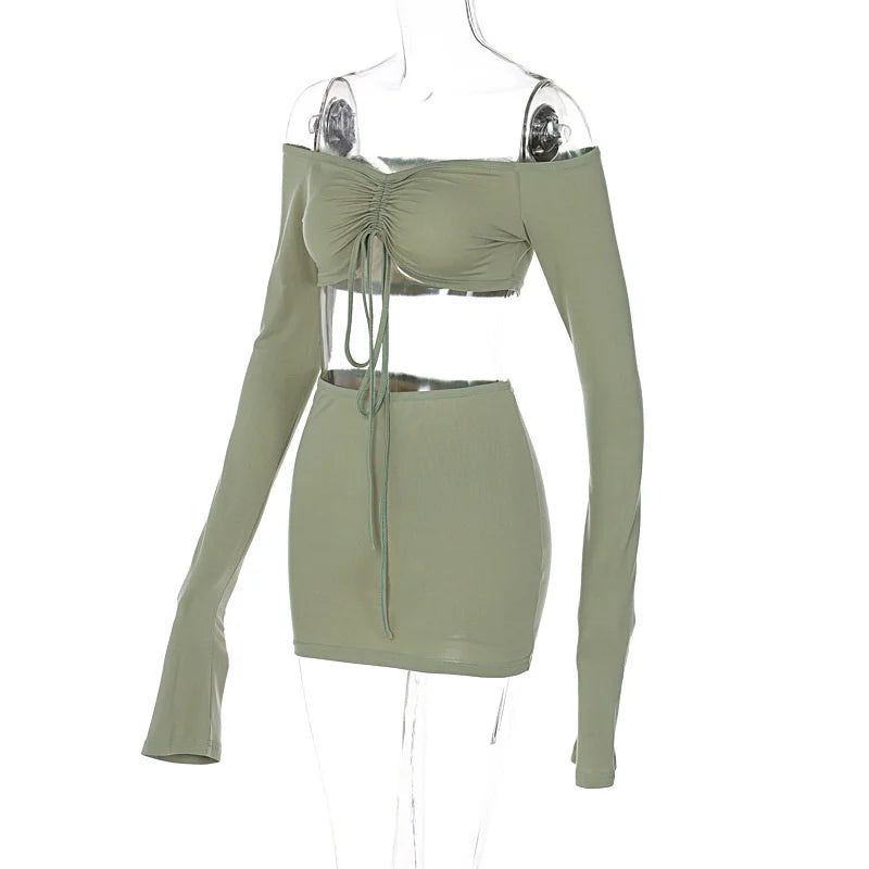 Sexy Two Piece Set Women Outfit Green Strapless Full Sleeve Crop Top And Mini Skirt Matching Sets Female Dress Set