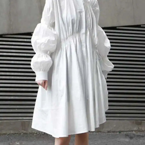 Load image into Gallery viewer, Women White Irregular Ruffles Big Size Long Blouse New Lapel Long Sleeve Loose Fit Shirt Fashion Spring Autumn 2025 JO478
