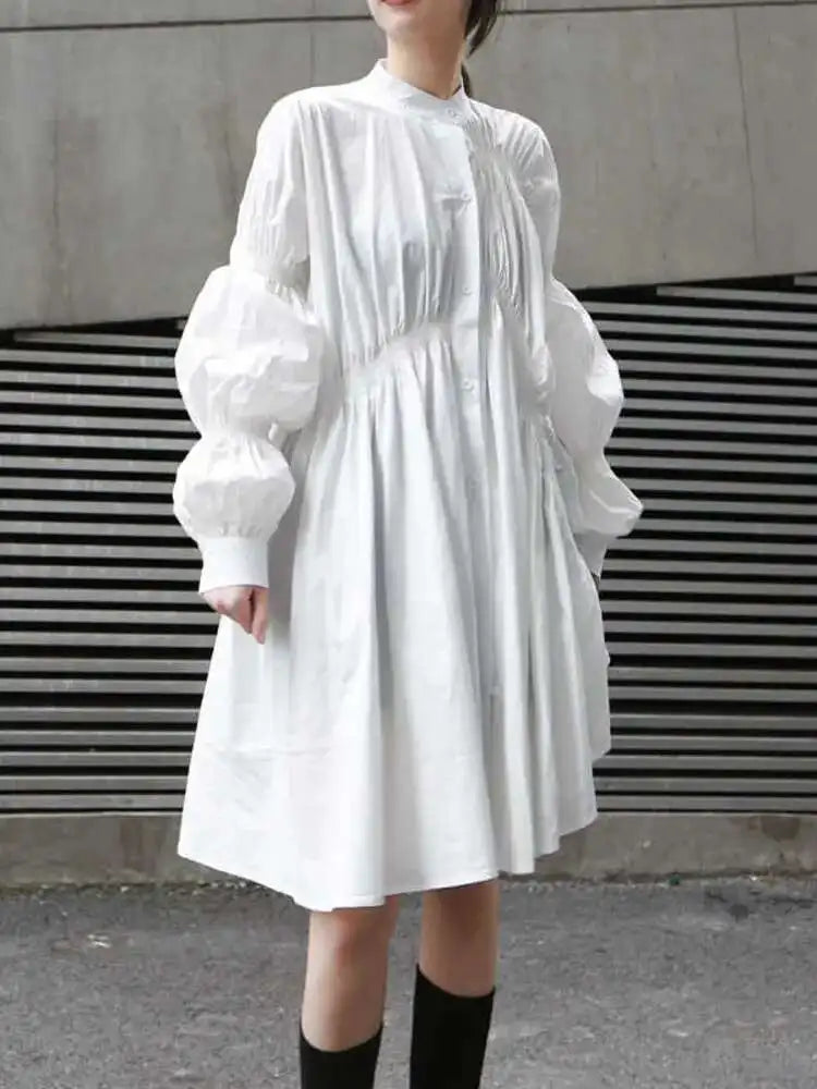 Women White Irregular Ruffles Big Size Long Blouse New Lapel Long Sleeve Loose Fit Shirt Fashion Spring Autumn 2025 JO478