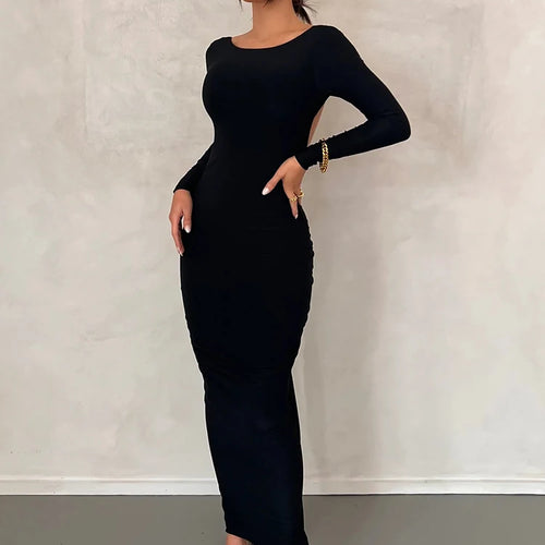 Load image into Gallery viewer, Sexy Backless Ruched Maxi Dress Women White Long Sleeve Evening Dresses Female Autumn Skinny Elegant Party Clubwear 2022
