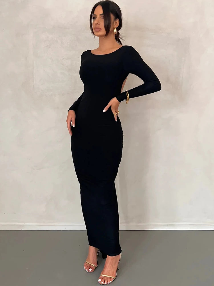 Sexy Backless Ruched Maxi Dress Women White Long Sleeve Evening Dresses Female Autumn Skinny Elegant Party Clubwear 2022