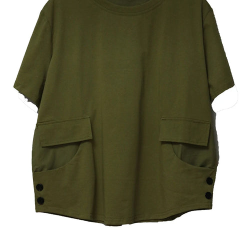 Load image into Gallery viewer, Women Black Pocket Button Big Size Casual T-shirt New Round Neck Short Sleeve Fashion Tide Spring Summer 2025 1DJ1616
